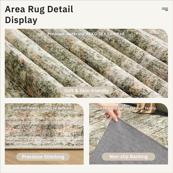 5x7 Area Rugs Green Orange Low Pile Indoor Washable Trendy Faded Style Rugs - Image 6
