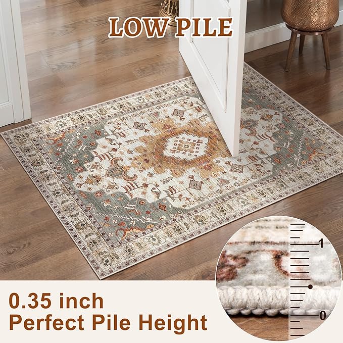 Tangsoo 4x6 Area Rug, Vintage Turmeric, Machine Made Geometric, Indoor, Foldable Non Slip Washable Shed Resistant, 0.35 Inch Pile, Rectangular, Bedroom Bathroom Living Room Entryway