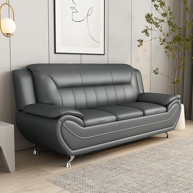 Container Furniture Direct Michael Modern Faux Leather Upholstered Stainless Steel Legs Living Room Sofa, Loveseat, Sleek Gray