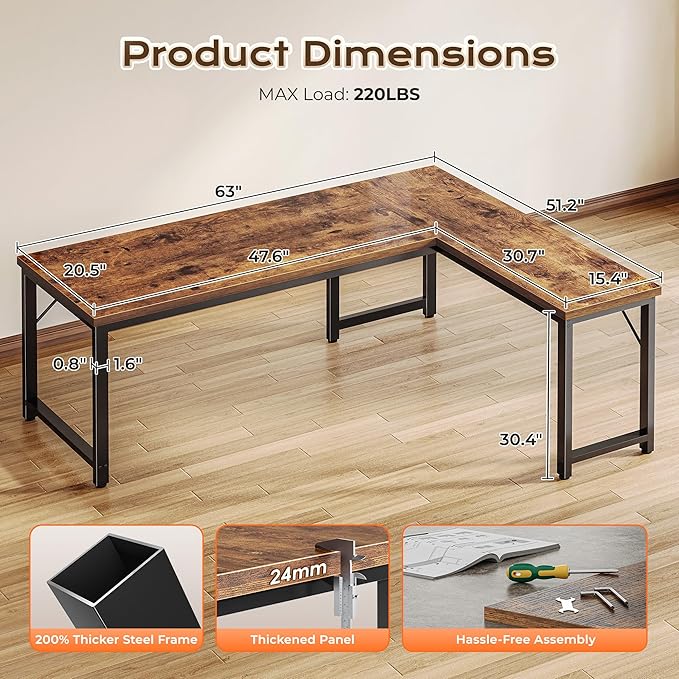 Huuger 63 Inch L Shaped Desk with 0.95 Inch Thicker Desktop, Reversible Computer Desk, Larger Corner Office Gaming Desk, Robust Metal Frame, for Home Office, Rustic Brown