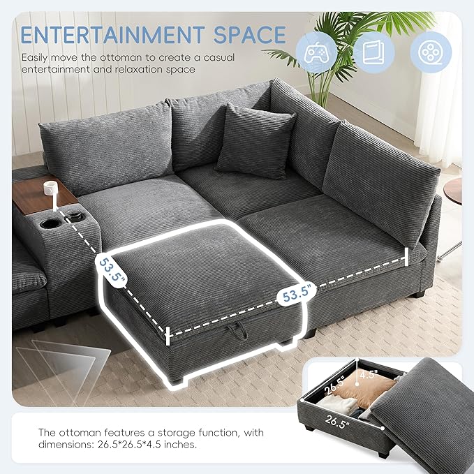 Merax 140'' Oversized Modular Sectional Sofa with Storage Ottoman and Console, Removable Storage Pockets, Cup Holder, Wide Seat, USB Charger, 6 Seat U Shaped Chenille Couch Set for Living Room, Gray