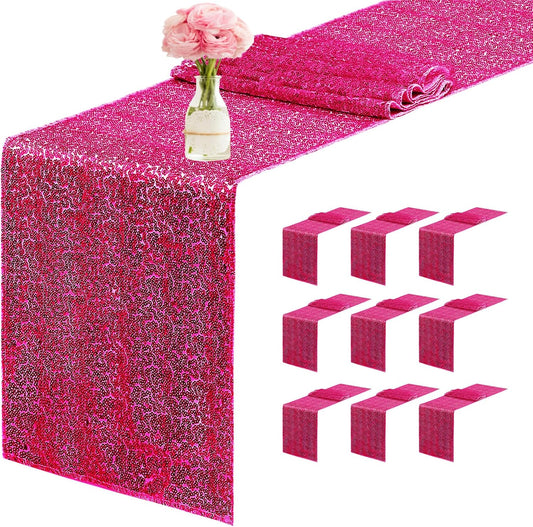 10 Packs 12 x 72 inches Sequin Table Runner, Hot Pink Glitter Table Runner for Birthday Party Supplies Wedding Engagement Baby Shower Holiday Celebration Event Decorations
