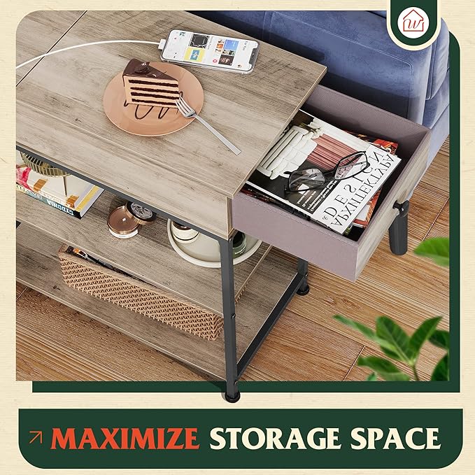 WLIVE Narrow Side Table with 2 USB Ports and 2 Outlets, Flip Top End Table with Drawer and Storage Shelves, End Stand with Charging Station for Living Room, Bedroom, Small Spaces, Greige