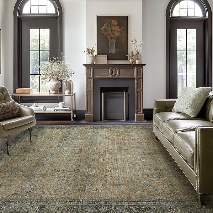 8X10 Area Rugs Machine Washable Rugs for Living Room, Vintage Boho Large Rugs for Bedroom Dining Room, Non Slip Indoor Soft Distressed Lightweight Thin Low Pile Carpet, Vintage Sunset