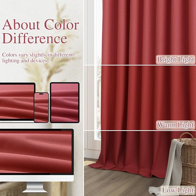 Guken Red 100% Blackout Linen Curtains 120 Inch Length 2 Panels Set - Image 7