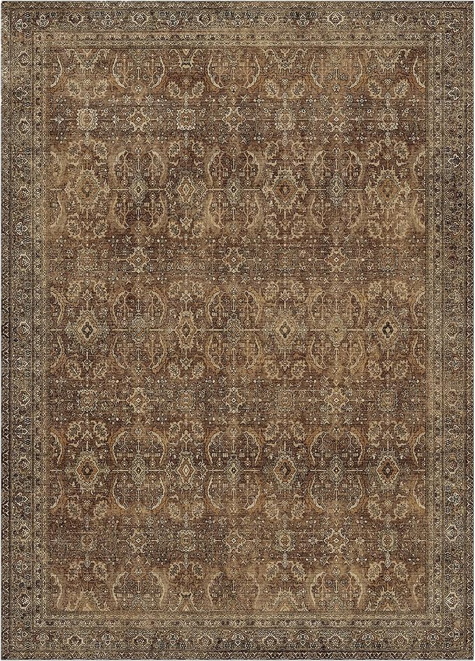 8X10 Area Rugs Machine Washable Rugs for Living Room, Vintage Boho Large Rugs for Bedroom Dining Room, Non Slip Indoor Soft Distressed Lightweight Thin Low Pile Carpet, Rustic Brown