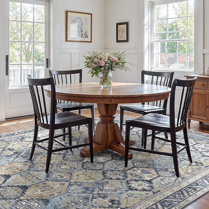GENIMO 5x7 Area Rugs for Living Room, Machine Washable Non Slip Vintage Rugs, Low Pile Lightweight Chenille Print Rug for Bedroom, Dining Room, Home Office, Brown Blue