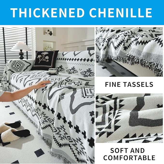LUFEIJIASHI Boho Couch Covers for Sofa Non Slip Sofa Covers Washable Couch Covers for 3 Cushion Couch Sofa Pet Friendly Sectional Couch Cover Blanket Furniture Protector for Dogs (Black, 71"x150")