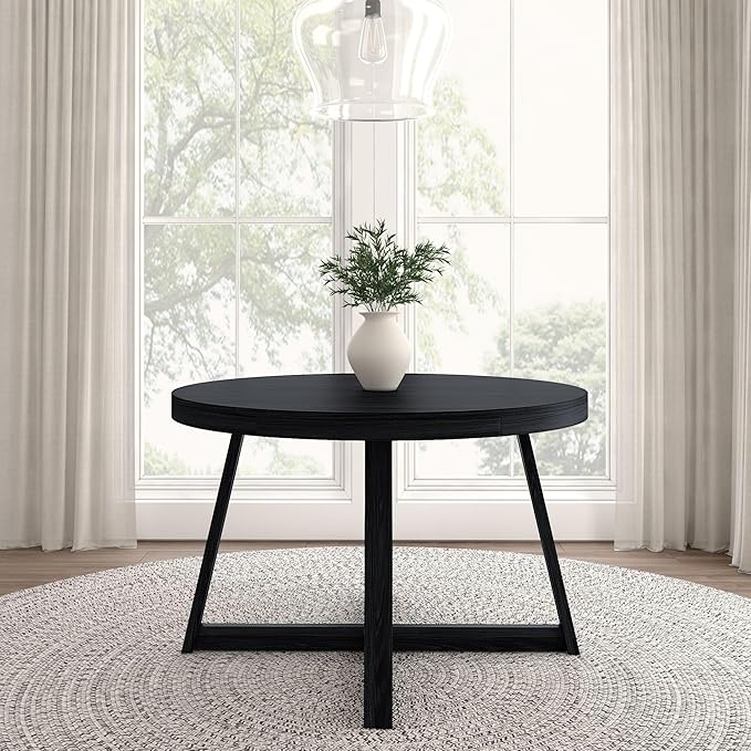Plank+Beam Round Dining Table, 47 Inch Solid Wood Kitchen Table, Farmhouse Round Table for 4, Small Dinette Table, Black Wirebrush