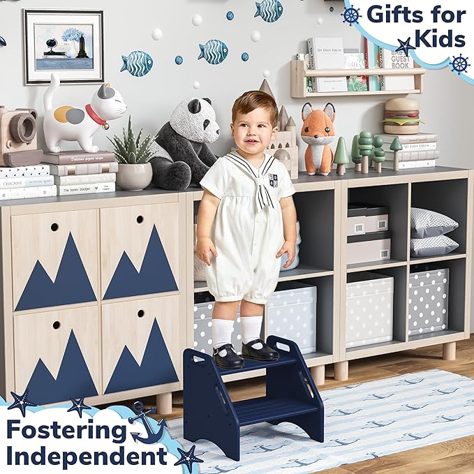 AMBIRD Wooden Step Stool, Two Step Stools Toddler 300 lbs Capacity with Safety Non-Slip Pads and Handles, Bamboo Step Stool for Bathroom, Kitchen Dual Height Step Stools for Kids (Navy Blue)