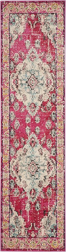 SAFAVIEH Monaco Collection Runner Rug - 2'2" x 22', Pink & Multi, Boho Chic Medallion Distressed Design, Non-Shedding & Easy Care, Ideal for High Traffic Areas in Living Room, Bedroom (MNC243D)