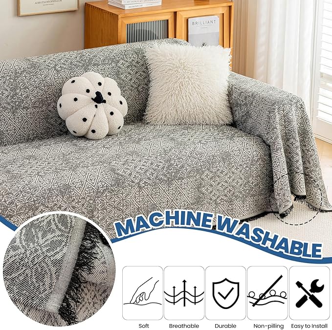 STACYPIK Geometric Pattern Sofa Cover Blanket, Black Couch Throw for Living Room, Couch Covers for Dogs, Washable Furniture Protector for 3 Cushion Sofa with Tassel, Anti-Slip Throw Cover-71X150IN