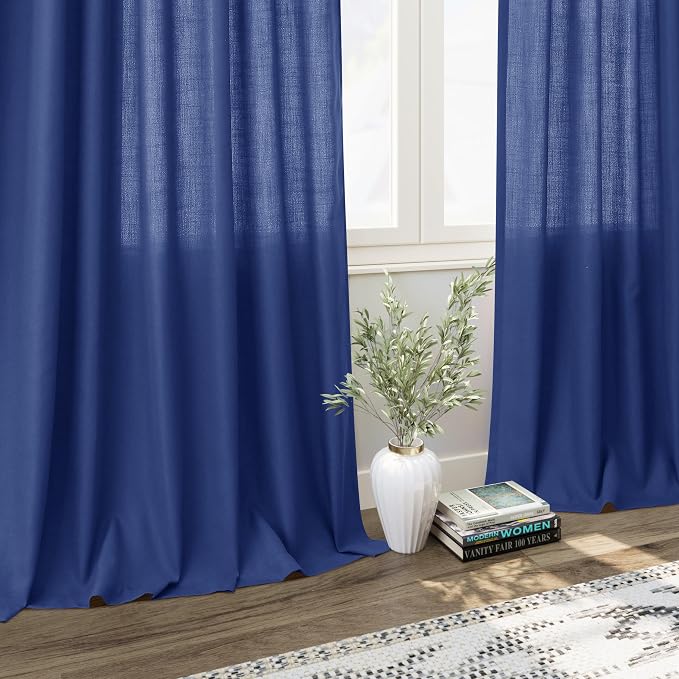 Nanspring Classic Blue Linen Curtains Semi Sheer 96 Inches Long 2 Panels Set - Image 6