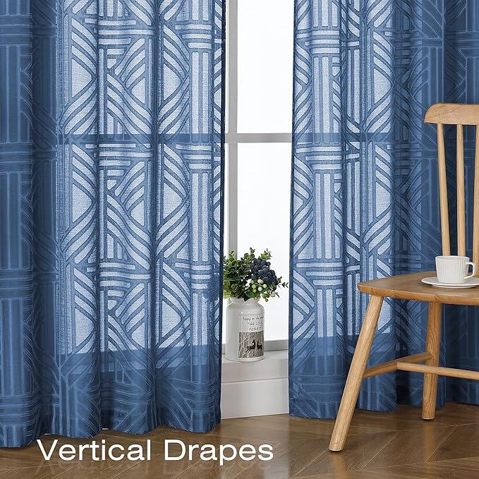 Simplebrand Dusty Blue Semi Sheer Curtains 54 Inch Length 2 Panels, Geometric - Image 5