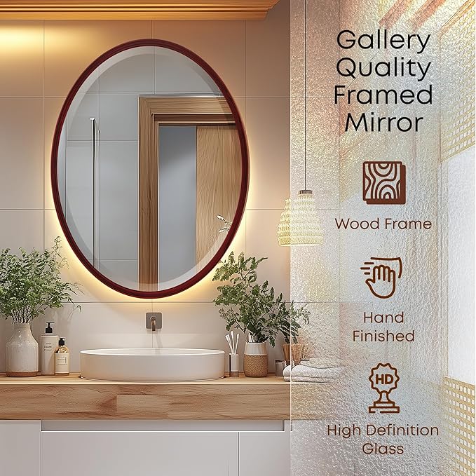OVALCREST - Oval Wooden Beveled Wall Mirror for Home Decor, Bathroom, Vanity, Bedroom, Living Room, Hallway - London Style (Black Cherry) 21.1 x 31.1
