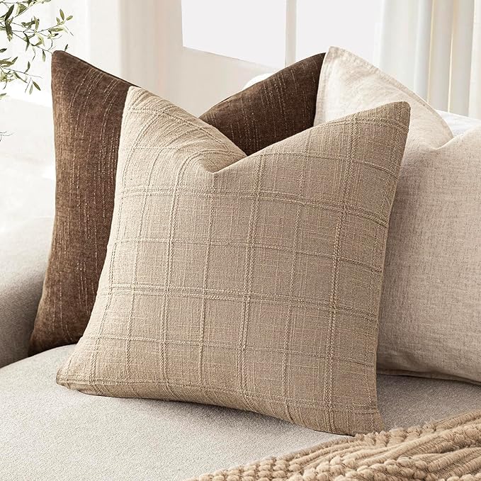 Foindtower Set of 2 Decorative Linen Check Throw Pillow Covers Neutral Farmhouse Vintage Cushion Covers Modern Coastal Boho Home Decor For Sofa Chair Couch Bedroom Living Room Outdoor,22×22 Inch,Camel