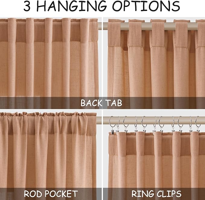 Peach Quartz Linen Curtains 102 Inch Length 2 Panels Back Tab Rod Pocket Semi - Image 2