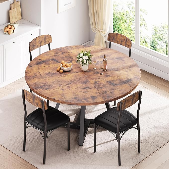 42“ Round Kitchen Dining Room Table for 2-4, Circle Dining Dinner Table with Pedestal Metal Frame, Space Saving Wood Industrial Furniture for Small Space (Rustic Brown, 42IN)