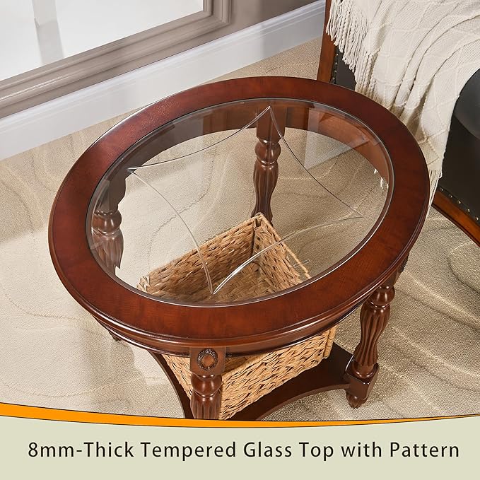 LEEMTORIG Oval Round Glass End Table, 2-Tier Solid Wood Glass Top End Side Tables, Traditional Victorian Nightstand for Bedroom Living Room Office, 28" W x 22" D x 24.2" H, Cherry Walnut CJZ-1533-GT