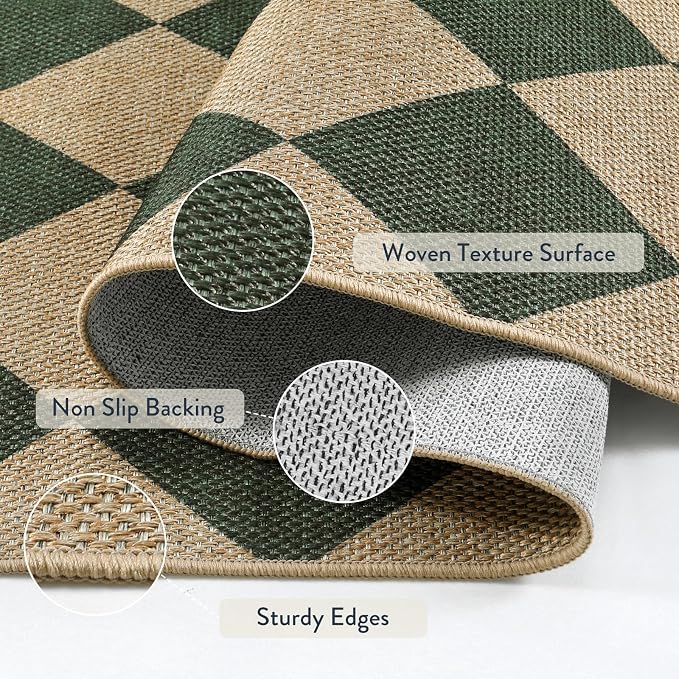 Lahome Colette Checkered Outdoor Patio Easy Jute Rug, 3x5 Dark Green Washable - Image 3