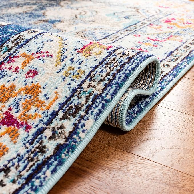SAFAVIEH Monaco Collection Area Rug - 5' Square, Navy & Light Blue, Boho Chic Medallion Distressed Design, Non-Shedding & Easy Care, Ideal for High Traffic Areas in Living Room, Bedroom (MNC243N)