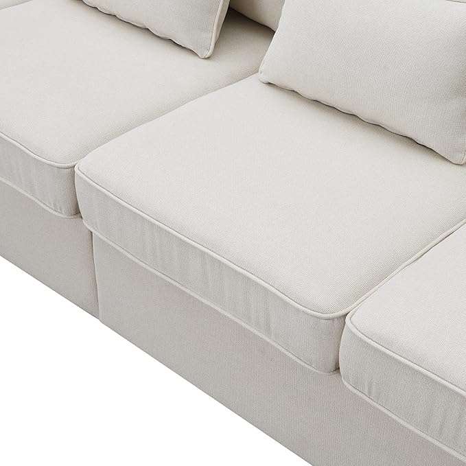 104" 4-Seater Modern Linen Fabric Sofa with Armrest Pockets,Minimalist Style Wood Frame Couch,w/ 4 Pillows,for Living Room,Apartment,Office,Beige