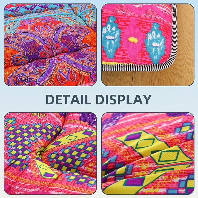 Bohemian Retro Japanese Floor Mattress, Vintage Floral Tatami Floor Mat, Portable Roll up Futon Mattress for Guest,Tavel (D,Full 80" X 47")