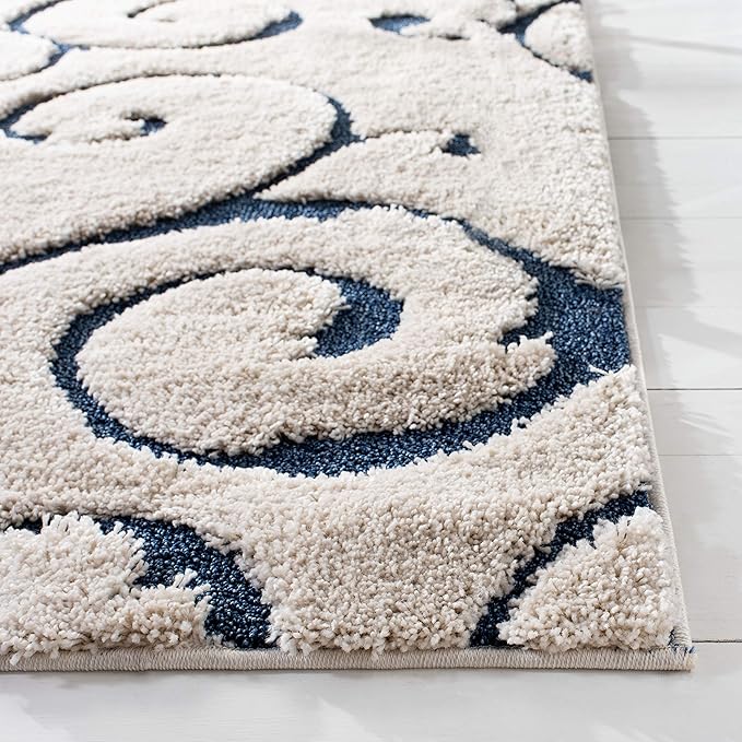 SAFAVIEH Florida Shag Collection Area Rug - 5' Square, Cream & Blue, Scroll Design, Non-Shedding & Easy Care, 1.2-inch Thick Ideal for High Traffic Areas in Living Room, Bedroom (SG455-1165)