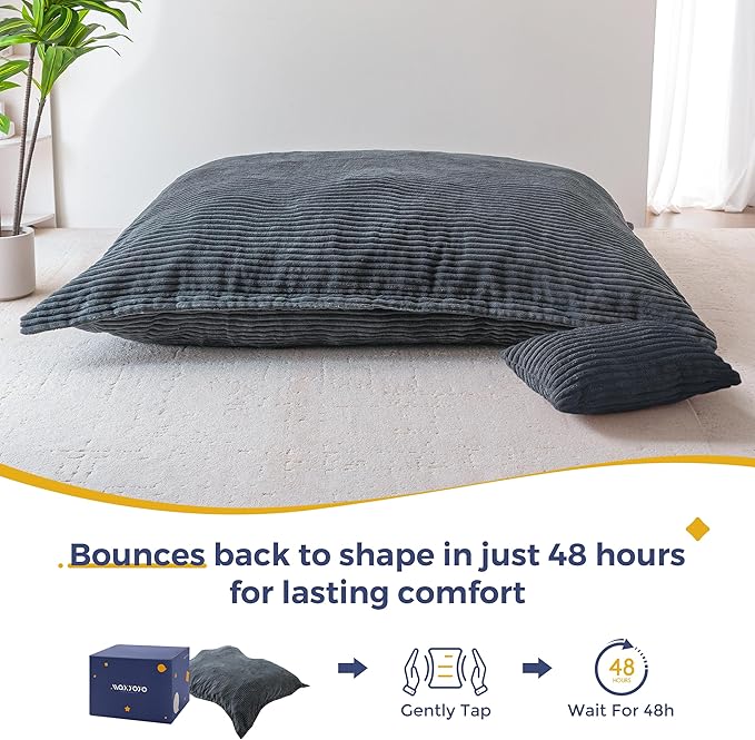 MAXYOYO Giant Bean Bag Chair with Pillow, 3 in 1 Convertible Bean Bag Chair for Adults with Washable Cover, Removable Floor Cushion Stuffed Floor Lounger for Living Room Bedroom, Dark Grey, Full