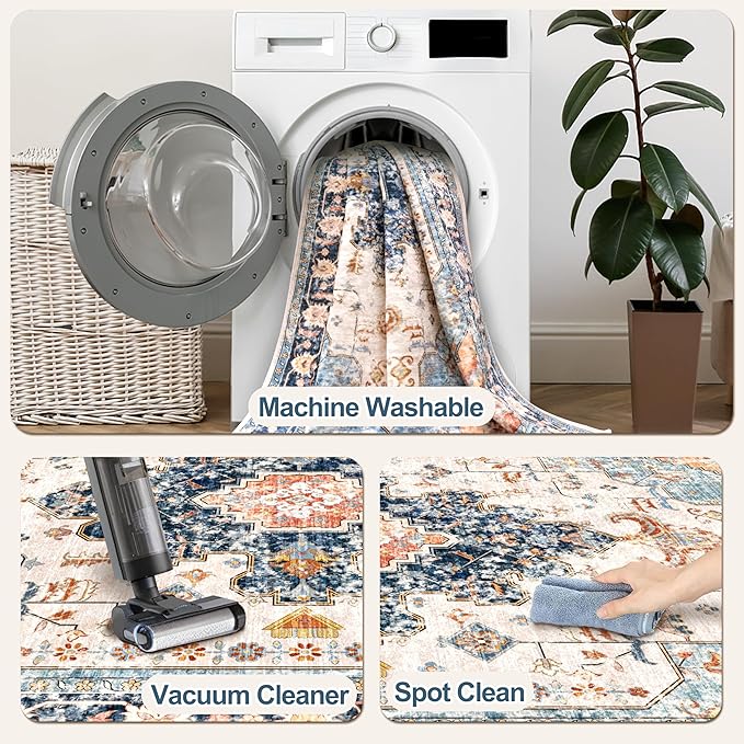 Tangsoo 4x6 Area Rug for Living Room, Washable Vintage Indoor, Distressed Blue/Beige Carpet for Bedroom, Non Slip Dining Room, Soft Low Pile Rugs Foldable for Dorm Bedside Bathroom