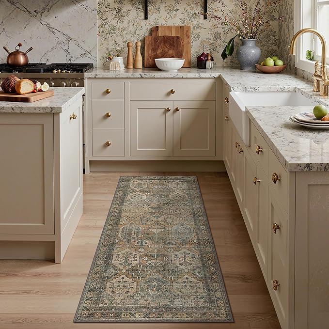 GENIMO 2x6 Runner Rugs for Hallway, Machine Washable Non Slip Vintage Rugs, Low Pile Lightweight Soft Print Rug for enrtyway, Corridor, Home Office, Kitchen, Warm Taupe