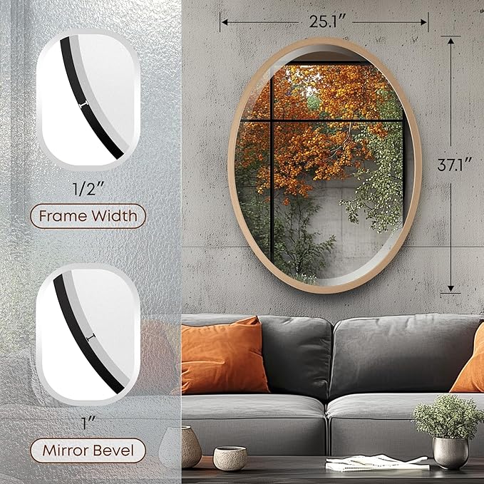 OVALCREST - Oval Wooden Beveled Wall Mirror for Home Decor, Bathroom, Vanity, Bedroom, Living Room, Hallway - London Style (Gold Spray) 25.1 x 37.1