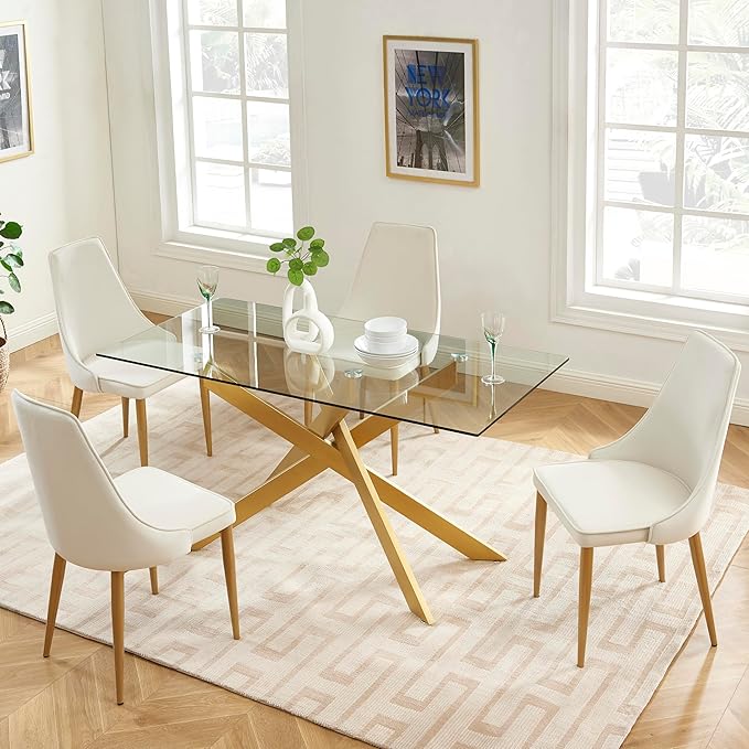 Edwin's Choice 58.5” Rectangle Glass Dining Table, Tempered Glass Table Top and Metal Tubular Legs, Modern Style Table for Home, Kitchen, Dining Room 58.5”Lx29”Wx30”H, Gold