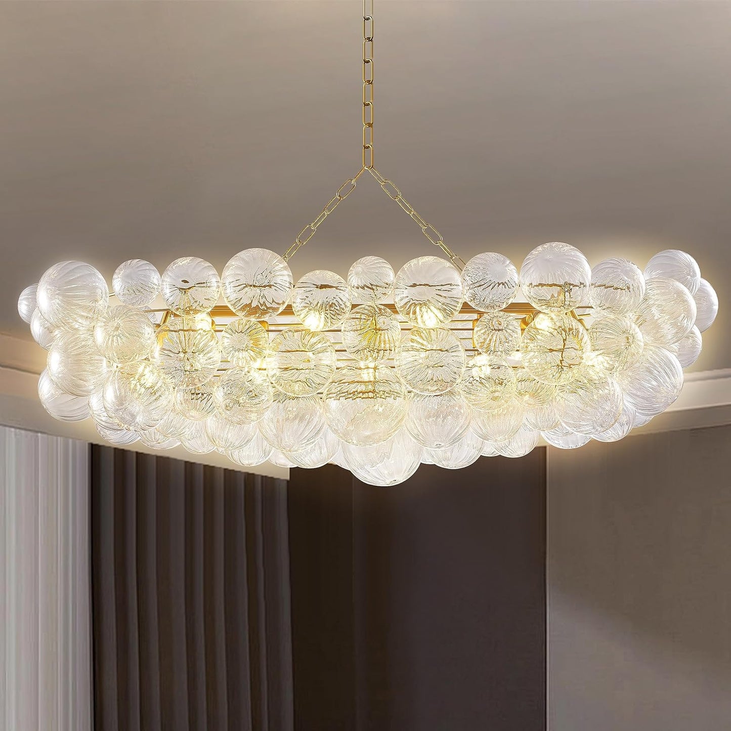 Nordic Bubble Ball Swirled Glass Chandelier, 36" Long Rectangular Chandeliers Island Light Fixture Gold and Clear Blown Glass Large Pendant Light Fixture for Bedroom Study Restaurant Dining Table