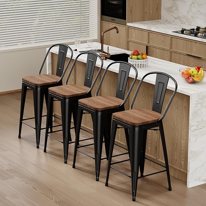 Changjie Furniture 24 Inches Metal Barstools Set of 4 Counter Height Bar Stools Industrial Stools with Backs High Back Chairs for Kitchen Island (24 Inch, Black)