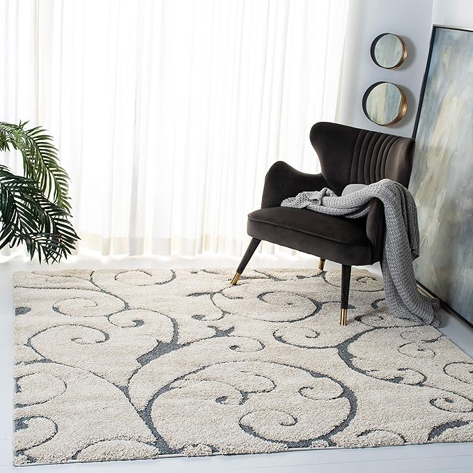 SAFAVIEH Florida Shag Collection Area Rug - 8' Square, Beige & Blue Grey, Scroll Design, Non-Shedding & Easy Care, 1.2-inch Thick Ideal for High Traffic Areas in Living Room, Bedroom (SG455-1155)