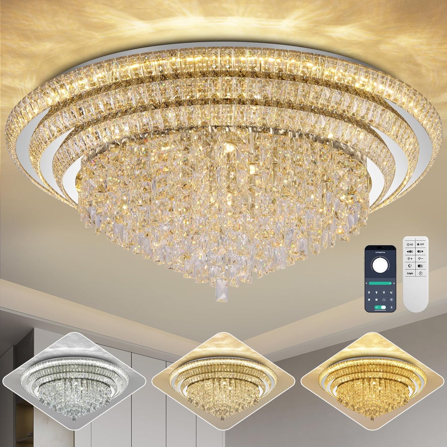 40 inch Crystal Silver Ceiling-Light Flush Mount with Remote Control and APP, 3CCT Dimmable & Brightness Adjustable, Modern Crystal Raindrop Chandeliers for Bedroom Hallway Dinning Room Living Room