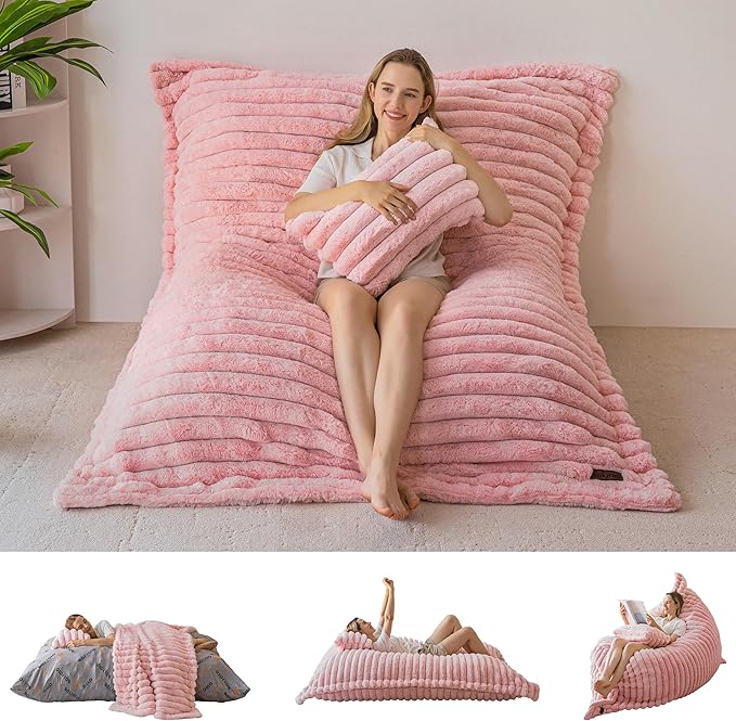 MAXYOYO Giant Bean Bag Chair with Pillow, 3 in 1 Convertible Bean Bag Chair for Adults with Washable Cover, Removable Floor Cushion Stuffed Floor Lounger for Living Room Bedroom, Pink