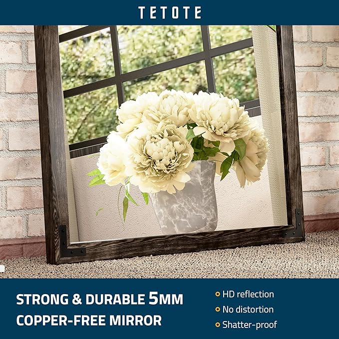 TETOTE 48 x 30 Black Wood Mirror for Bathroom Wall/Bedroom/Living Room/Entryway Farmhouse Rustic Wall Mirror Waterproof (Horizontal/Vertical Mounted)