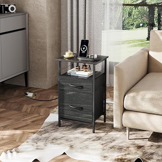 WLIVE Night Stand Set 2, Black Nightstand with Charging Station, Bedside Tables for Bedroom, Side Table with Fabric Drawers, USB Ports and Outlets