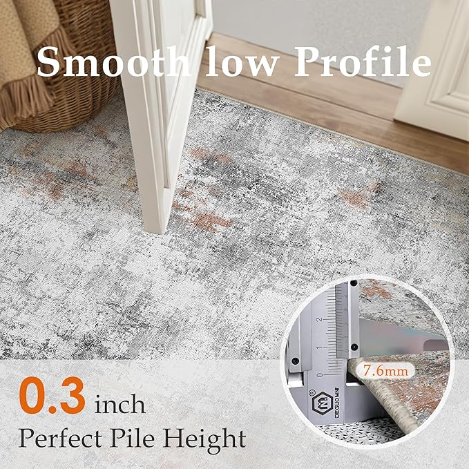 8x10 Washable Area Rug Grey Rust Modern Neutral Abstract Living Room Bedroom Indoor Floor Carpet Low Pile Soft Non-Slip Lightweight Vacuumable Large Throw Rug for Kitchen Dining Room