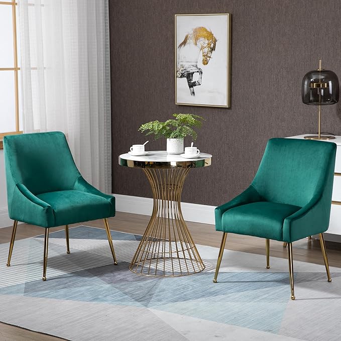 Modern Velvet Dining Chairs Set of 2, Contemporary Upholstered Furniture Collection with Polished Gold Metal Legs, Elegant Accent Chairs for Kitchen Living Room(Green)