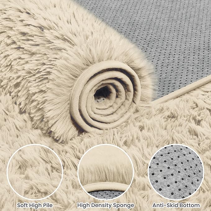 5x8 Area Rugs for Living Room: Soft Fluffy Shag Beige Rugs for Bedroom - Image 6