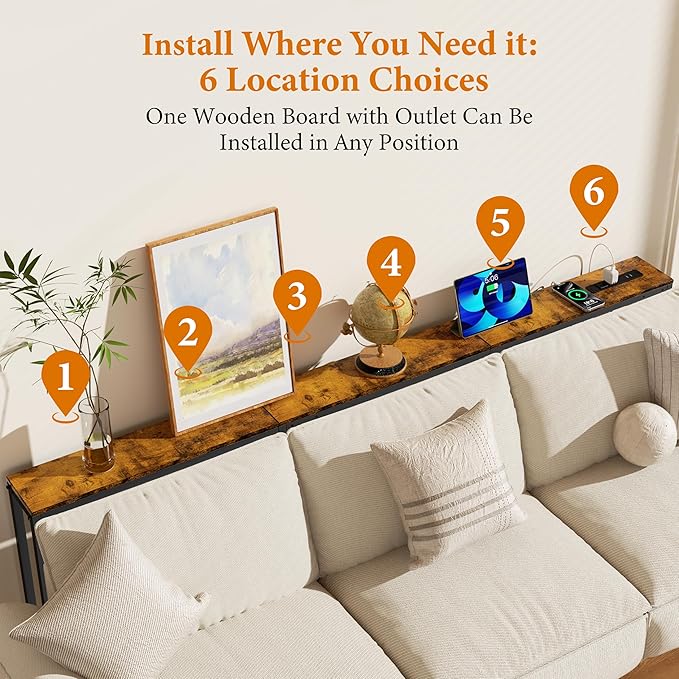 GRLEAF L Shaped Narrow Console Table with Outlet, 78" Sofa Tables Narrow Long, Behind Couch Table, Skinny Entryway Tables with Charging Station,for Living Room,Hallway (Rustic Brown,78IN)