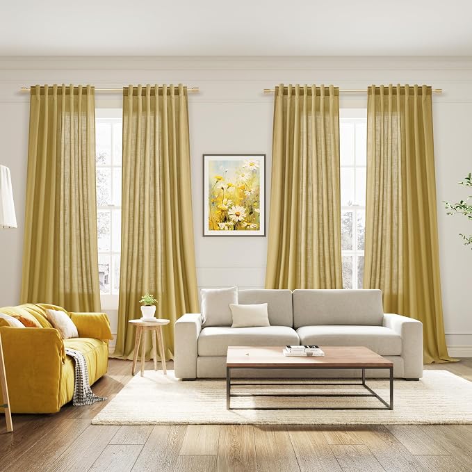 Nanspring Gold Linen Curtains Semi Sheer Gold 96 Inches Long 2 Panels Set - Image 7