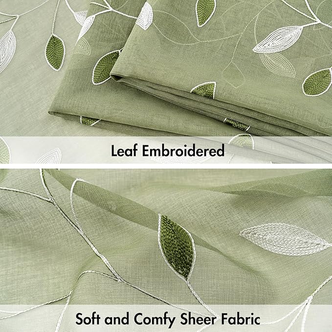 MIULEE Sage Green Sheer Curtains 2 Panels Embroidered Leaf Patterned Rod Pocket - Image 4