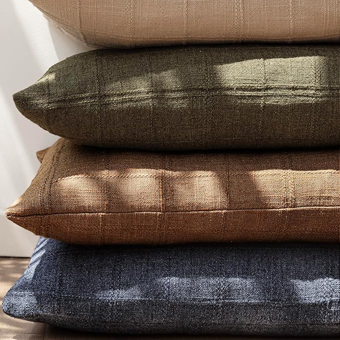 Foindtower Set of 2 Decorative Linen Check Throw Pillow Covers Neutral Farmhouse Vintage Cushion Covers Modern Boho Home Decor for Sofa Chair Couch Bedroom Living Room Outdoor,18×18 Inch,Brick