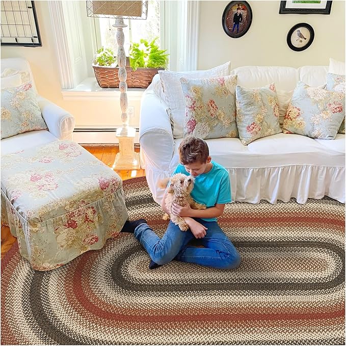 Homespice Chester Oval Braided Rug 5x8', Red Rug, Ideal for Country Style Living Room Rug
