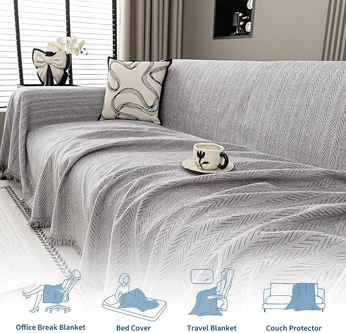 Nobildonna Sofa Cover Washable Soft Thicken Chenille Couch Cover with Tassel,Waterproof Sofa Slipcover for 2-3 Cushion Couch,Sectional Sofa,L-Shaped Furniture Protector Pet-Friendly,Gray 71"x118"