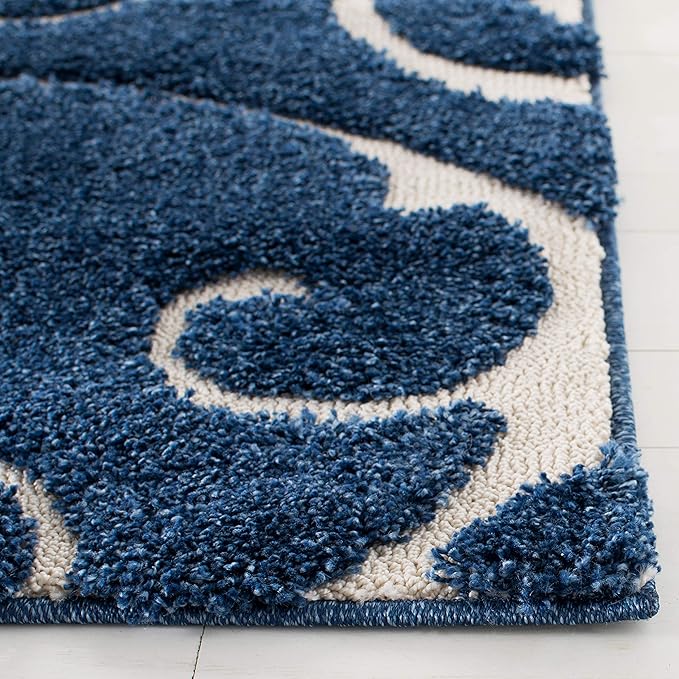 SAFAVIEH Florida Shag Collection Runner Rug - 2'3" x 13', Dark Blue & Cream, Scroll Design, Non-Shedding & Easy Care, 1.2-inch Thick Ideal for High Traffic Areas in Living Room, Bedroom (SG455-6511)